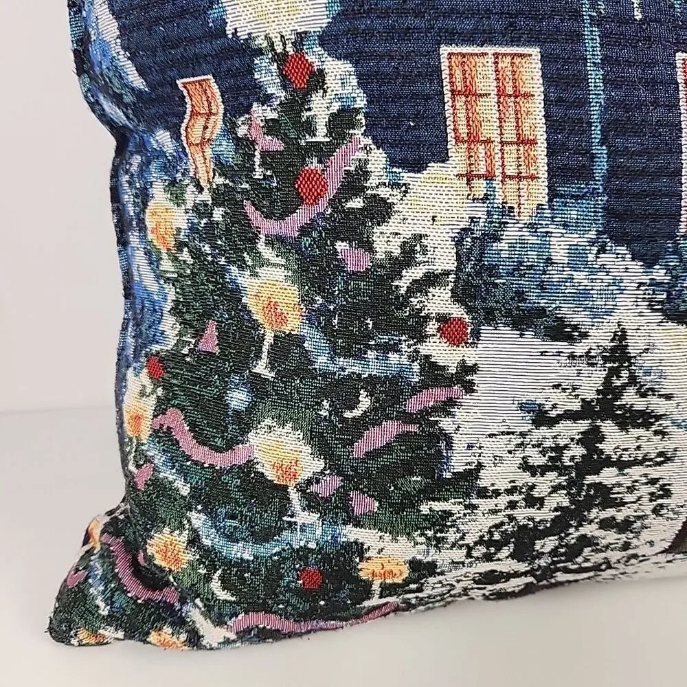 Snowy Cottage Tapestry Throw Pillow Christmas Holiday Cottagecore Decor